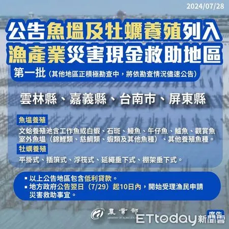 ▲▼   凱米颱風漁業災損現金救助及低利貸款 8月7日前受理申請    。（圖／嘉義縣政府提供）