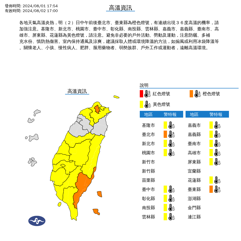 ▲▼15縣市高溫燈號。（圖／中央氣象署）