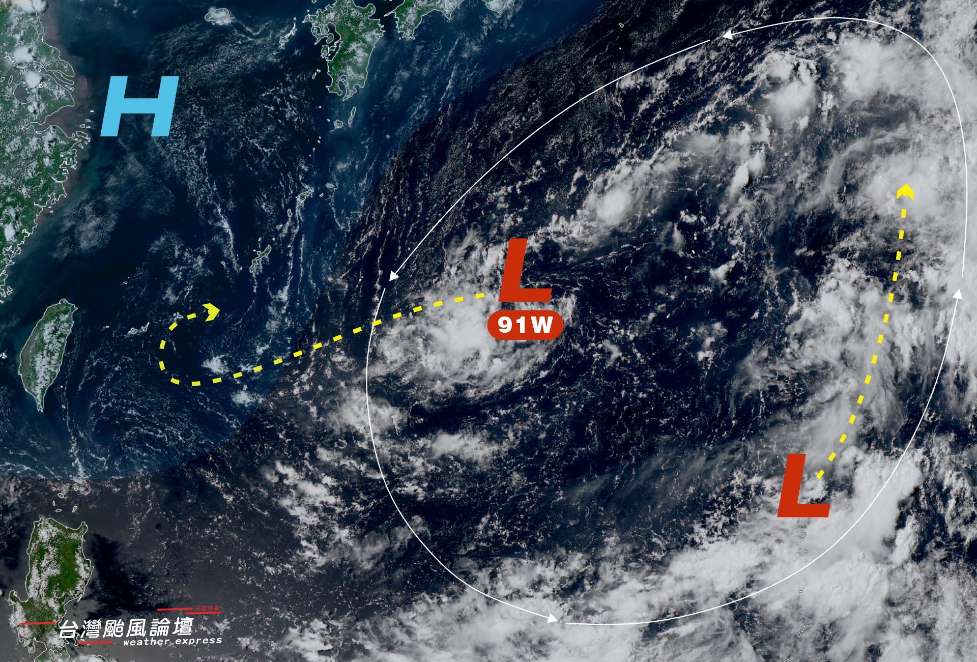 ▲▼大低壓帶持續擴張，日本南方和台灣東方海面下周可能有熱帶系統發展。（圖／台灣颱風論壇｜天氣特急臉書）