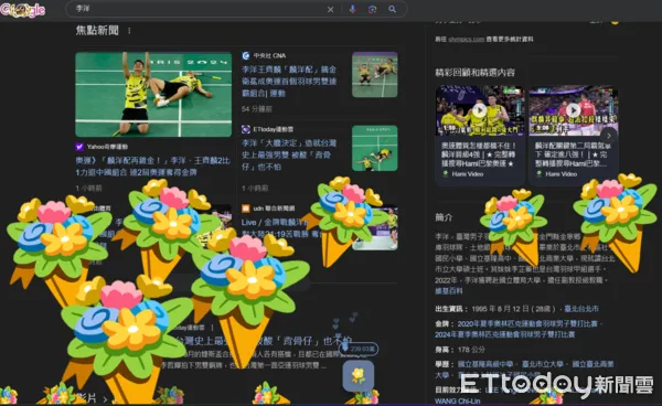 ▲▼Google小彩蛋爽慶「麟洋配」奪金　百萬人狂按洗出一片花束海。（圖／翻攝自Google頁面）