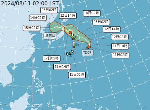 ▲▼輕颱「瑪莉亞」、熱帶性低氣壓TD07的路徑預測             。（圖／氣象署提供）