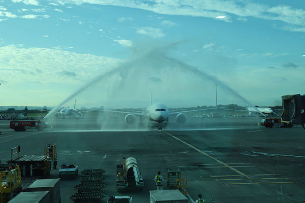 ▲歡迎奧運代表團凱旋歸來，桃園機場公司與長榮航空公司安排水門禮迎接班機回國          。（圖／總統府提供）