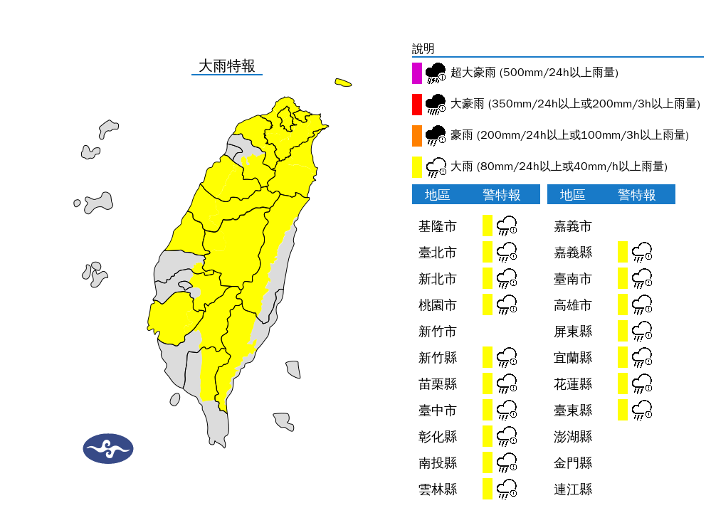 ▲▼17縣市發布大雨特報。（圖／氣象署提供）