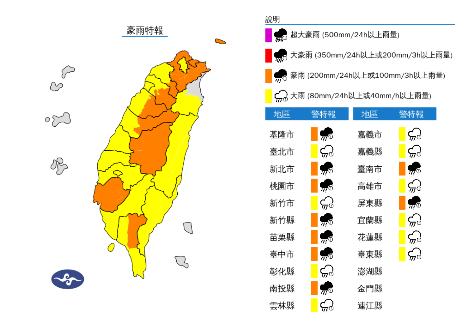 ▲▼19縣市豪大雨特報。（圖／氣象署提供）