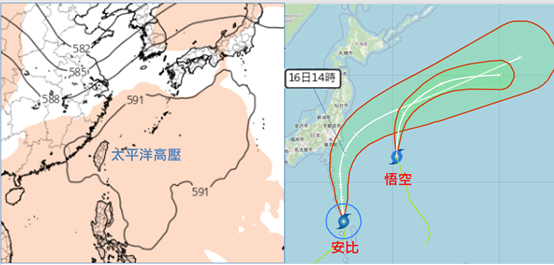 ▲▼輕颱「安比」，將增強為中度，其中心明(16)日掠過本州東南側近海、邊緣掃過本州東南部，再向東北東大迴轉遠離。（圖／三立準氣象.老大洩天機）