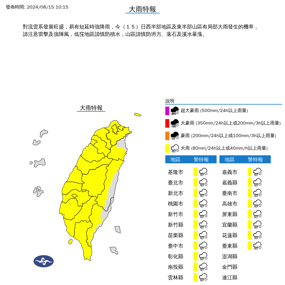 ▲▼19縣市發布大雨特報 。（圖／氣象署提供）