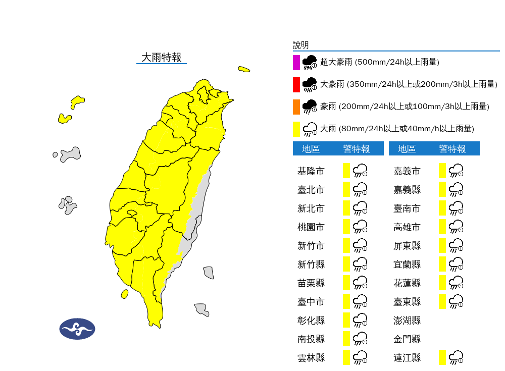 ▲▼20個縣市發布大雨特報。（圖／氣象署提供）