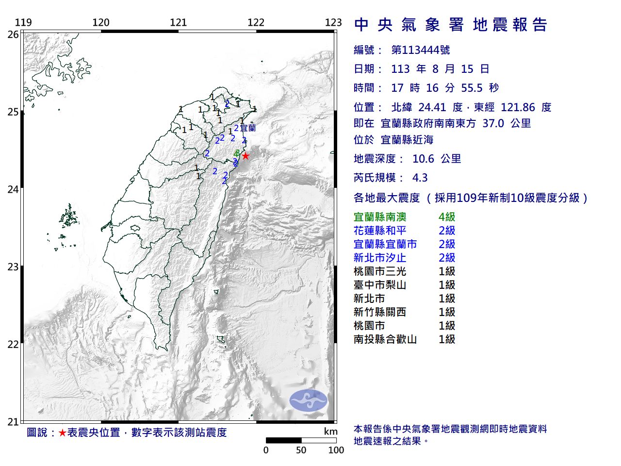 快訊／17:16宜蘭近海規模4.3「極淺層地震」　最大震度4級