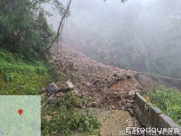 ▲台21線132.3K和社二號明隧道路段邊坡下午近3時發生大坍方。（圖／公路局中區養工分局信義工務段提供）