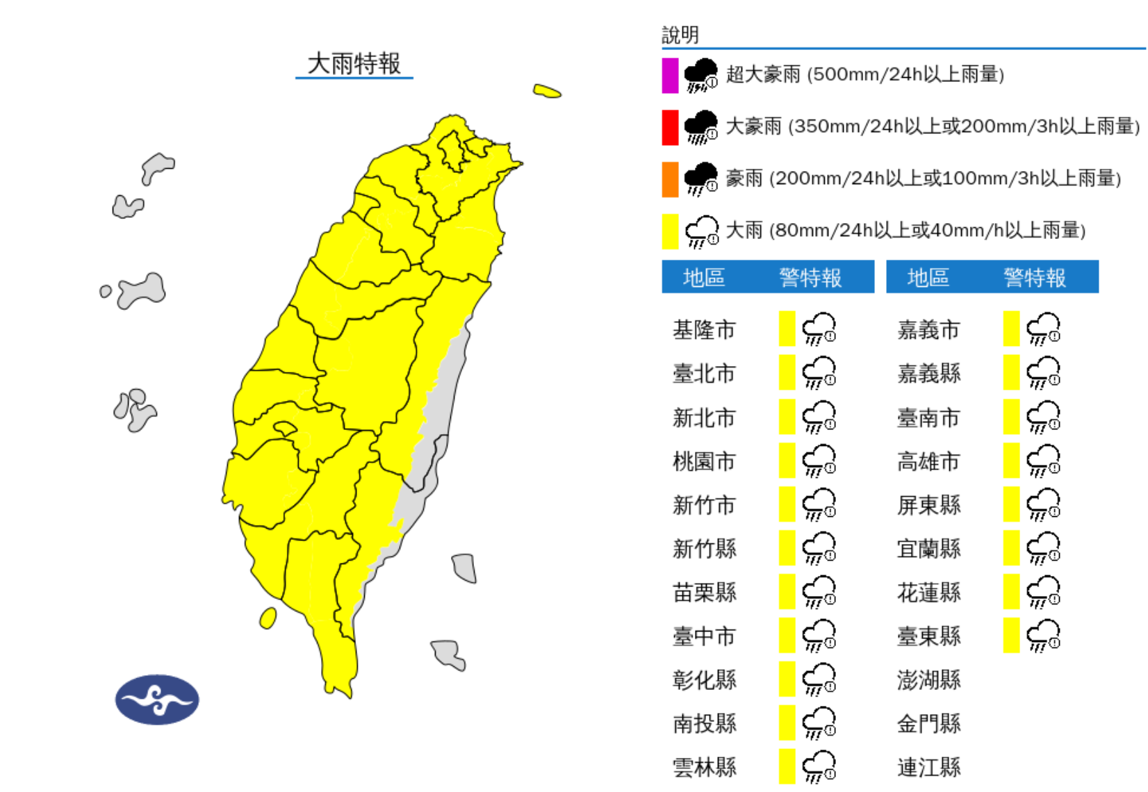 ▲▼19縣市大雨特報。（圖／氣象署提供）