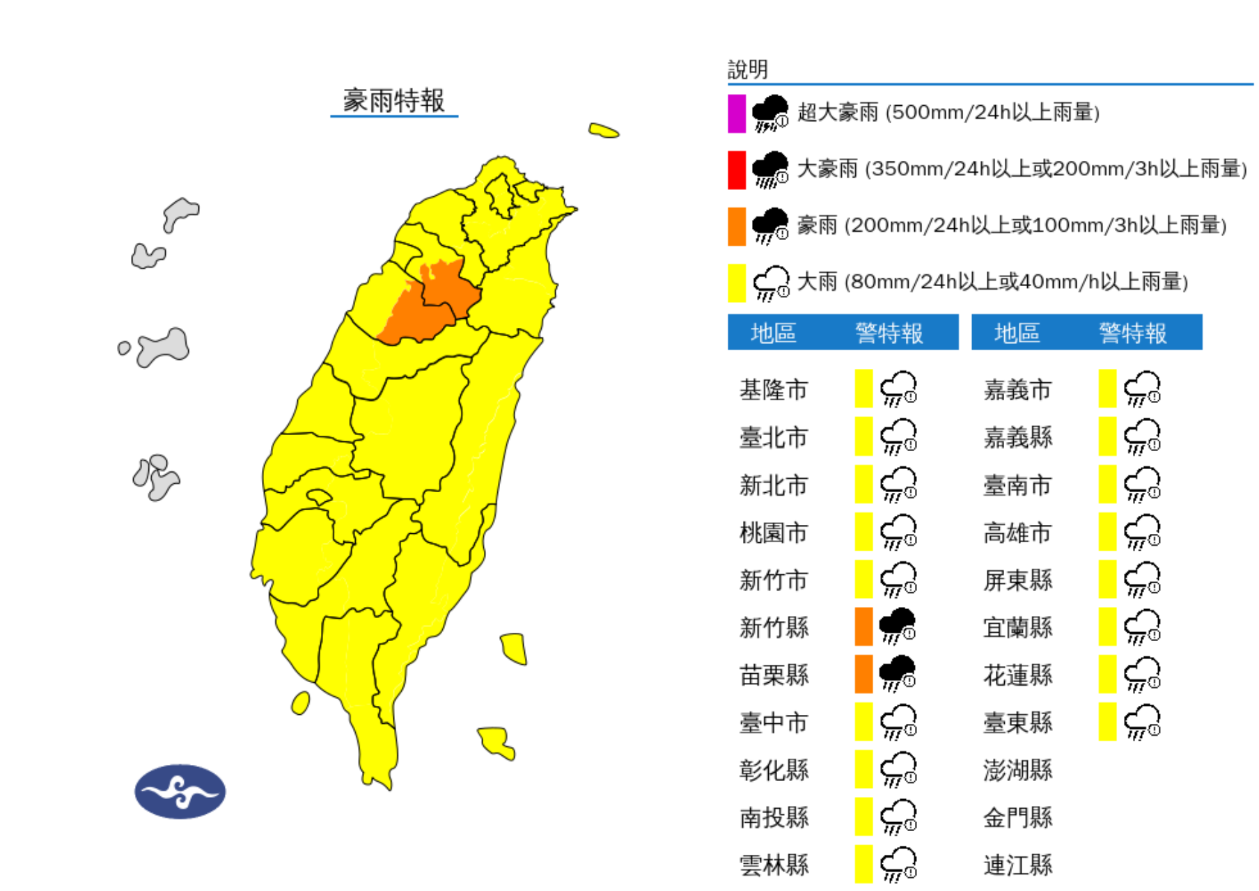 ▲▼19縣市豪大雨特報。（圖／氣象署提供）