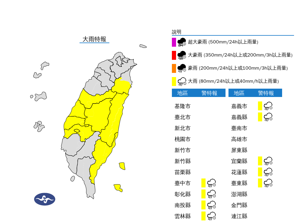 ▲▼9縣市發布大雨特報。（圖／氣象署提供）