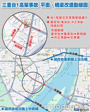 ▲▼ 忠孝橋發生事故，新北市政府籲用路人使用替代道路    。（圖／新北市政府提供）