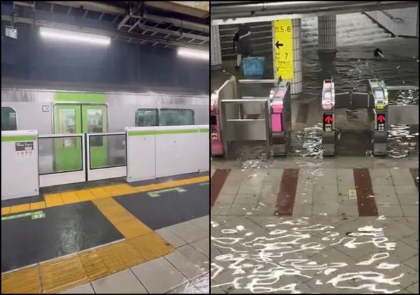 ▲▼東京入夜降下暴雨多處淹水　地鐵車站驚見「激流＋瀑布」。（圖／翻攝自X平台）