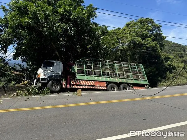 ▲▼羅男駕駛大貨車行經北宜公路，閃避機車不慎衝撞護欄並將電線桿撞斷。（圖／記者陸運陞翻攝）