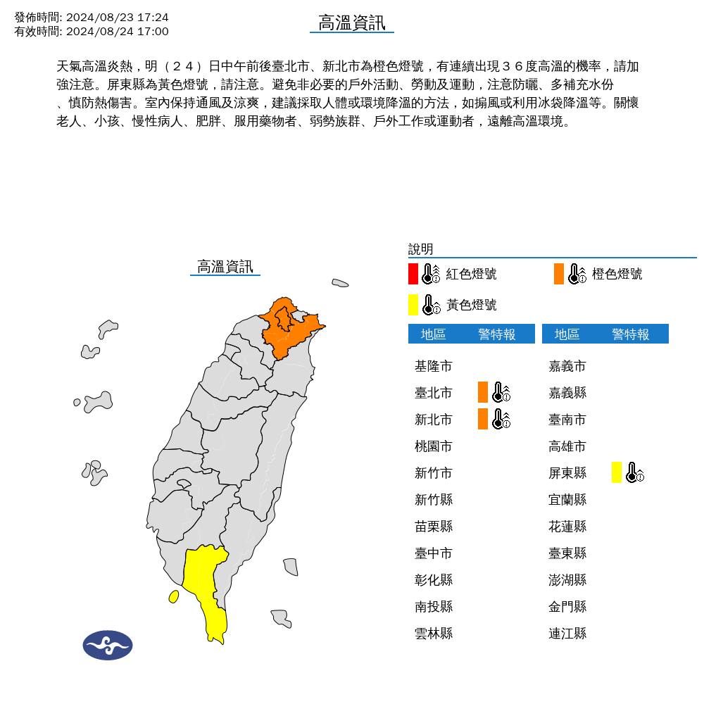 ▲▼高溫燈號。（圖／中央氣象署）