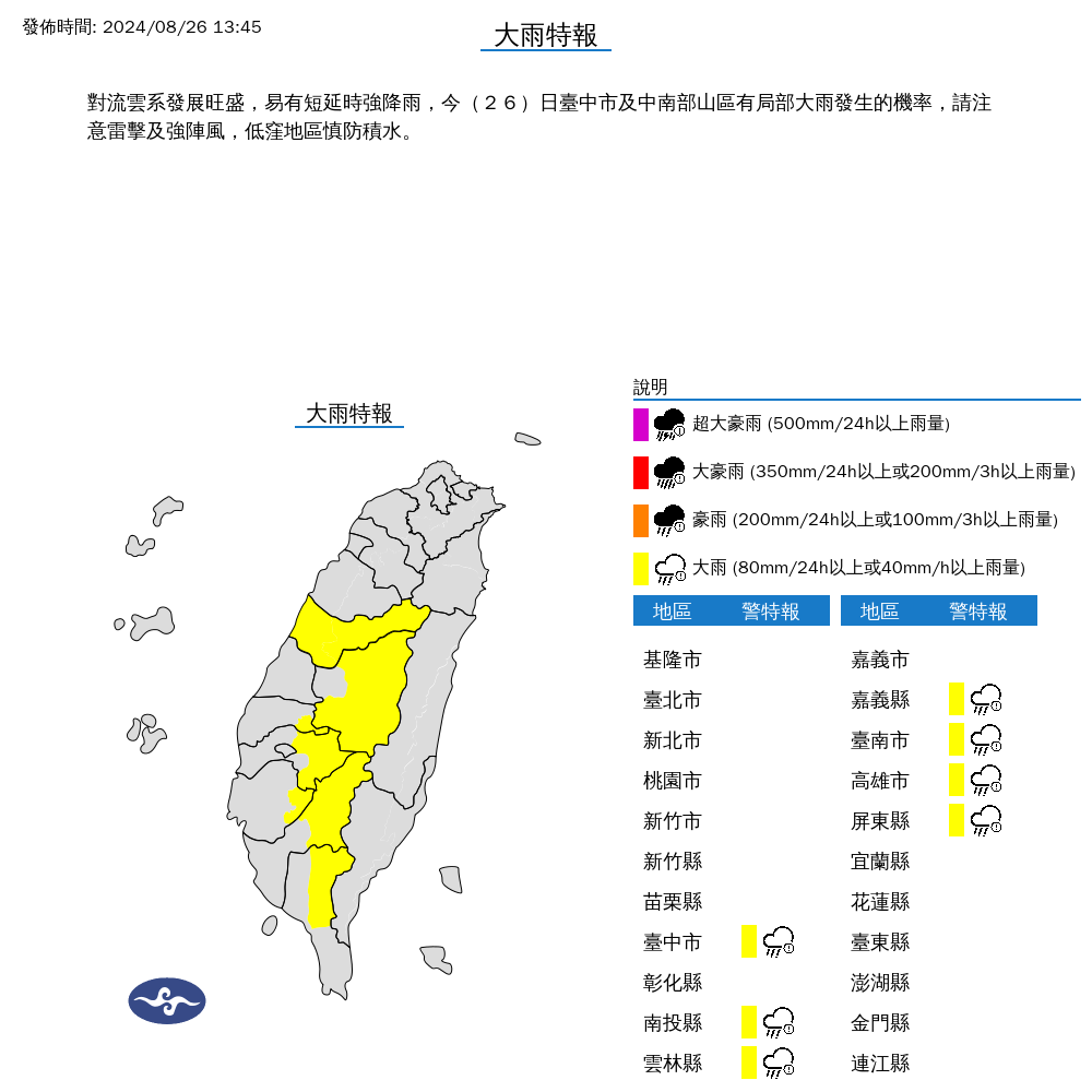 ▲▼7縣市發布大雨特報 。（圖／氣象署提供）