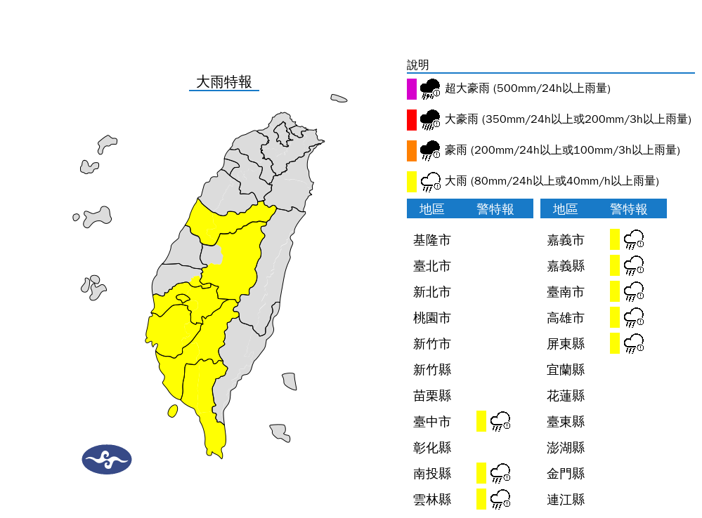 ▲▼8縣市發布大雨特報。（圖／氣象署提供）