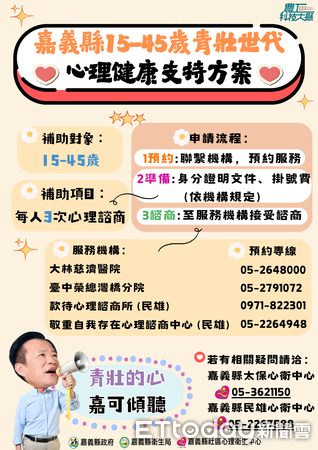 ▲▼  心理健康支持方案：15至45歲青壯族群可獲3次諮商補助  。（圖／嘉義縣政府提供）