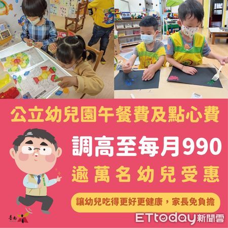 ▲台南市長黃偉哲宣布，自113學年度起，台南市公立幼兒園午餐費將由現行每月795元調高為990元、點心費也由每月800元調高為990元，調幅高達25%。（圖／記者林東良翻攝，下同）