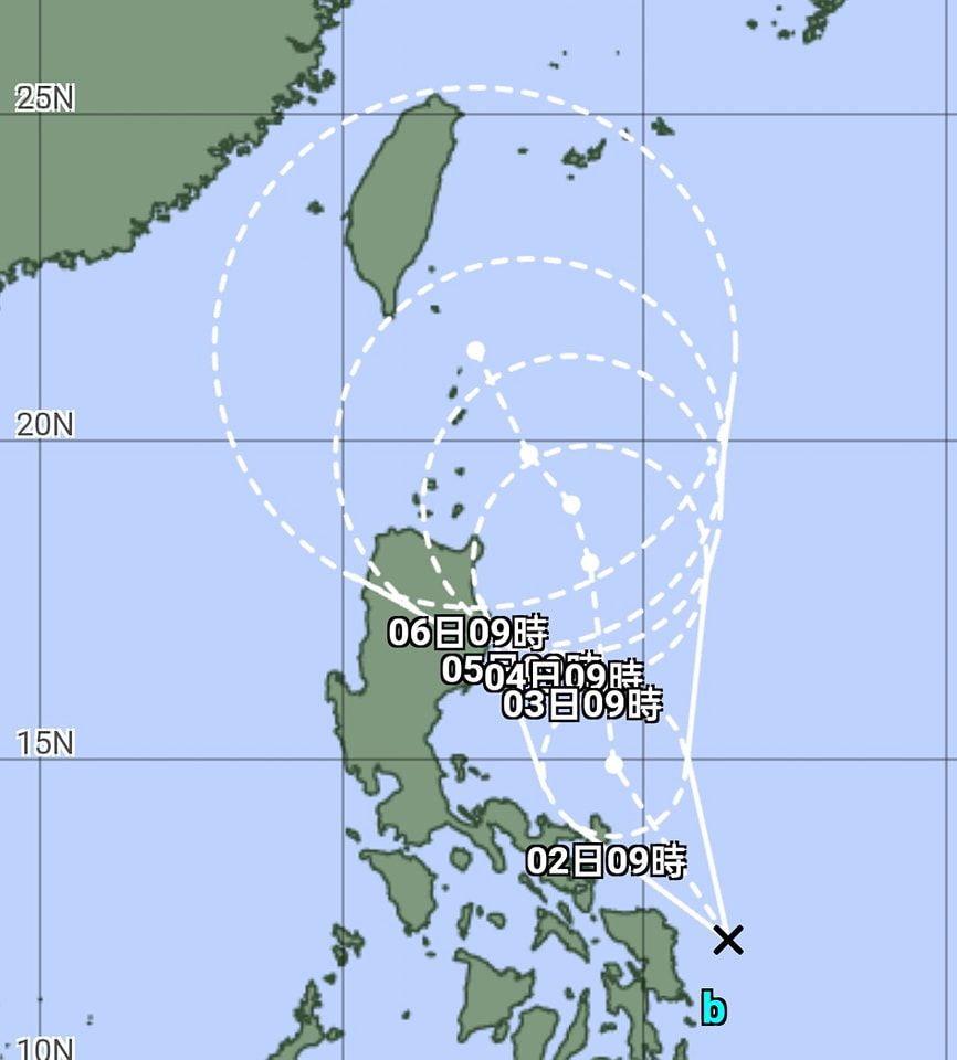 ▲▼日本氣象廳首報預測路徑，9月6日周五上午將來到台灣東南部外海。（圖／翻攝觀氣象看天氣臉書）