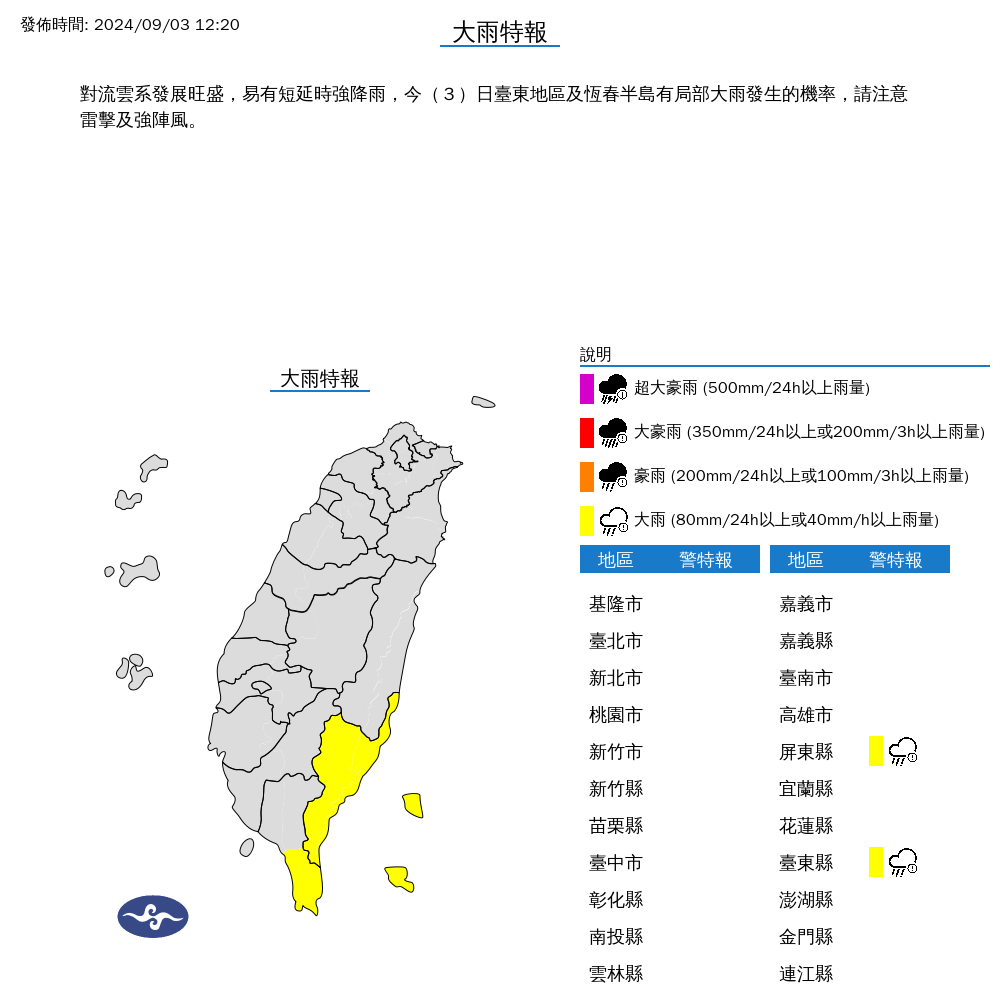 ▲▼恆春半島、台東縣、蘭嶼綠島發布大雨特報      。（圖／氣象署提供）