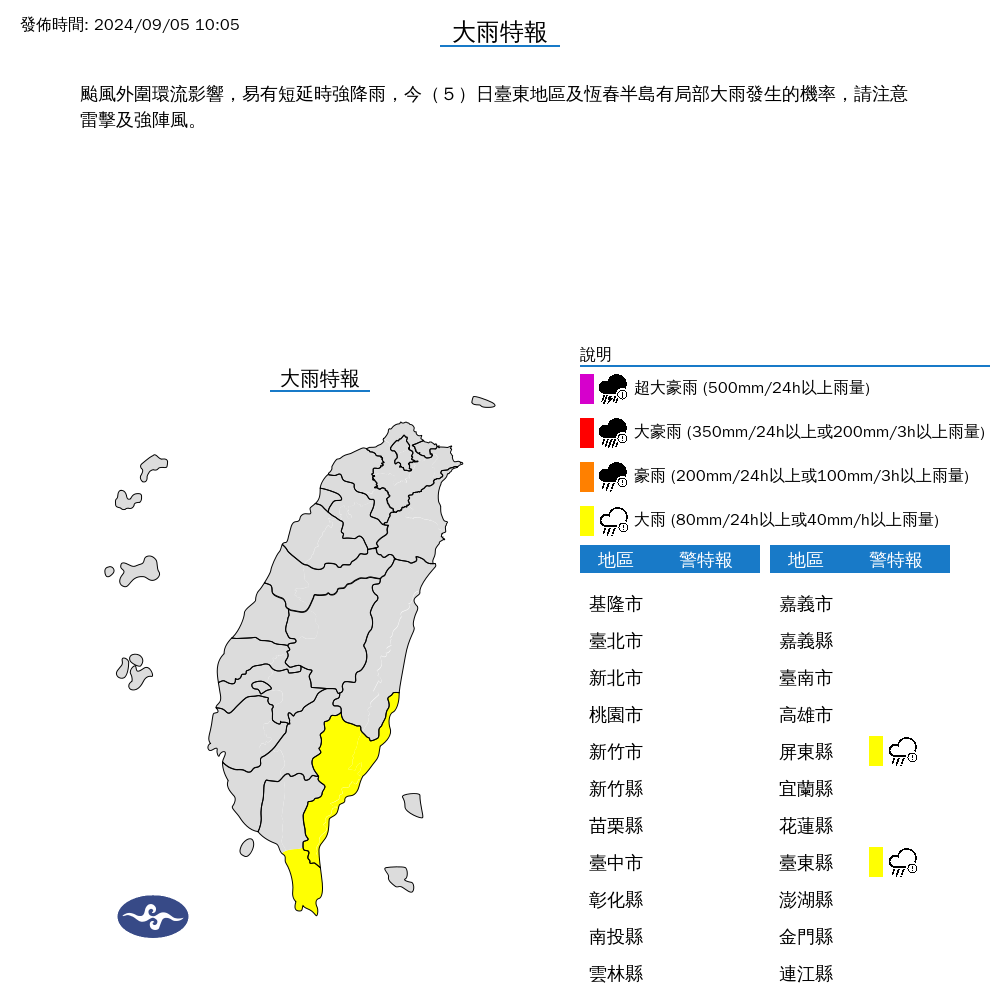 ▲▼恆春半島、台東縣發布大雨特報             。（圖／氣象署提供）