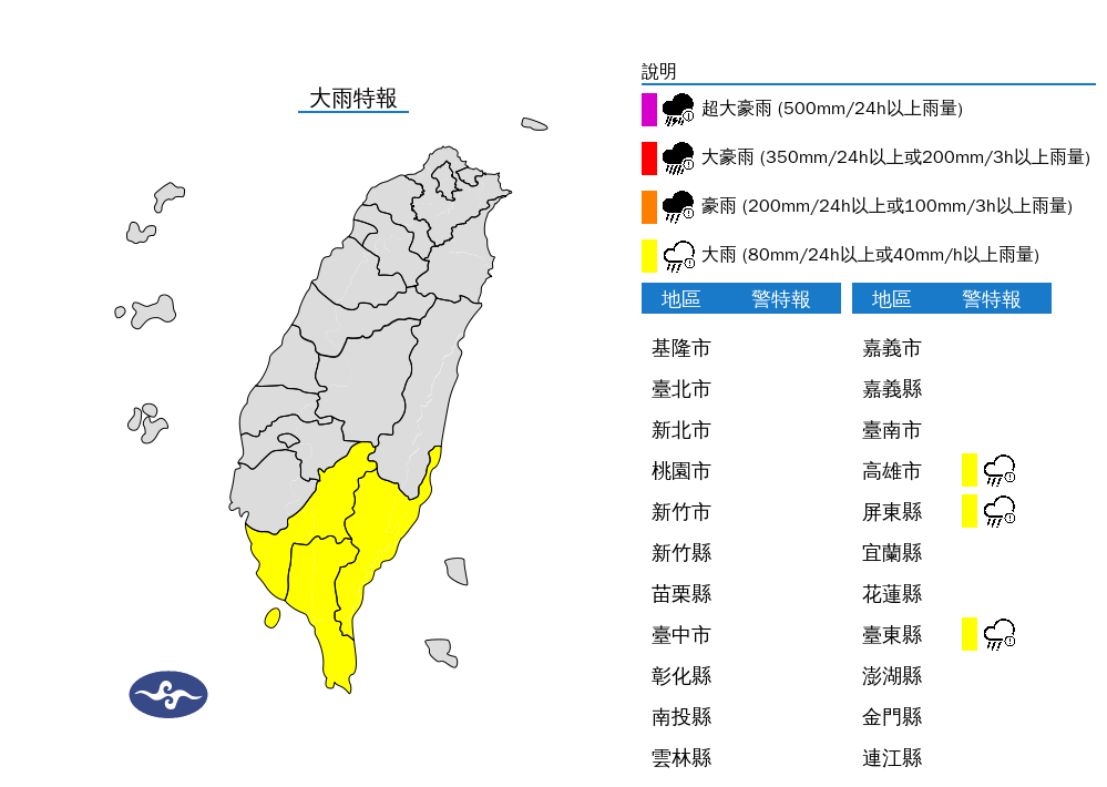 ▲▼高雄市、屏東縣、恆春半島、台東縣發布大雨特報             。（圖／氣象署提供）