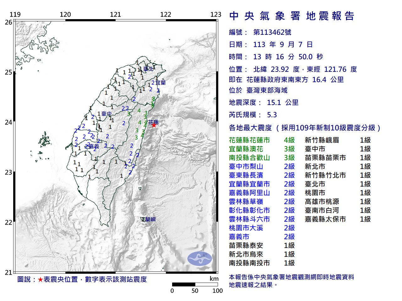 快訊／13:16台灣東部海域規模5.3「極淺層地震」　最大震度4級