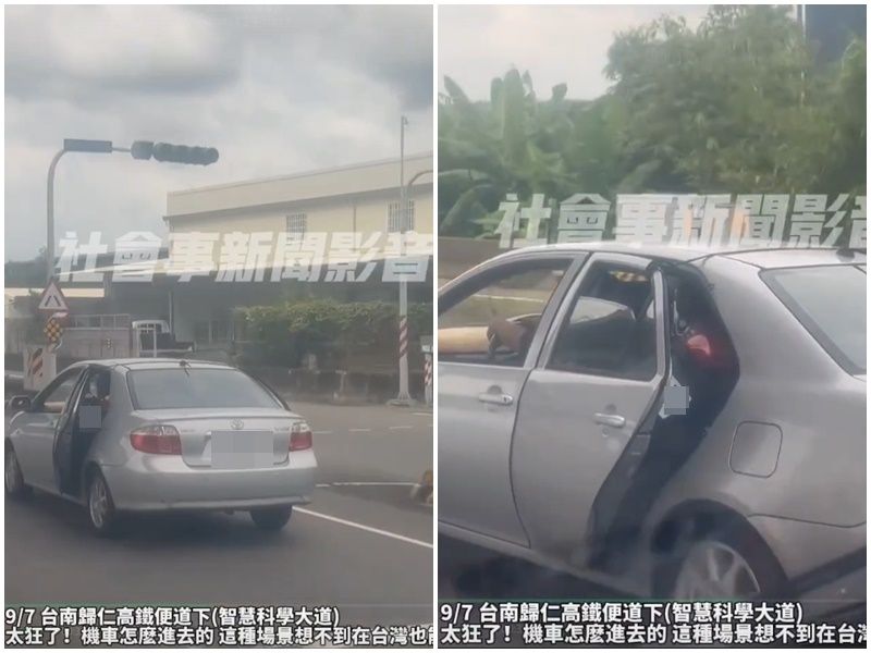 ▲▼      台南轎車後座塞機車開上路，路人看傻眼      。（圖／記者林東良翻攝）