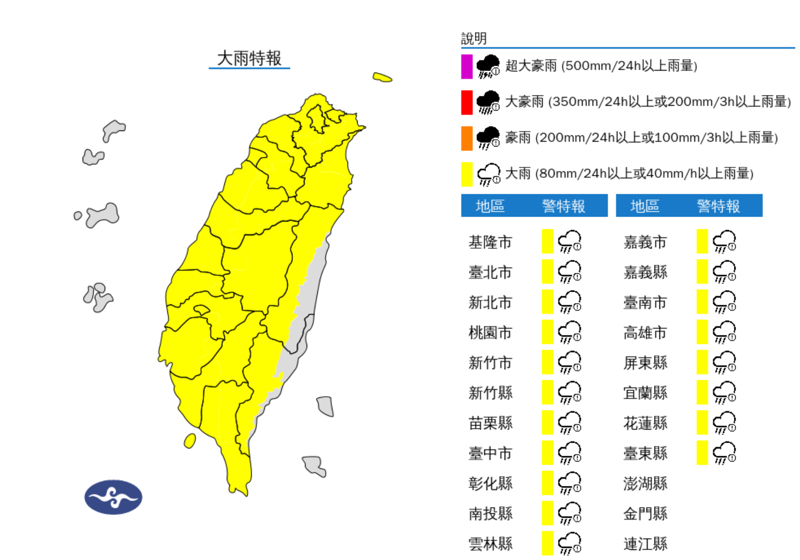 ▲▼19縣市大雨特報。（圖／氣象署提供）