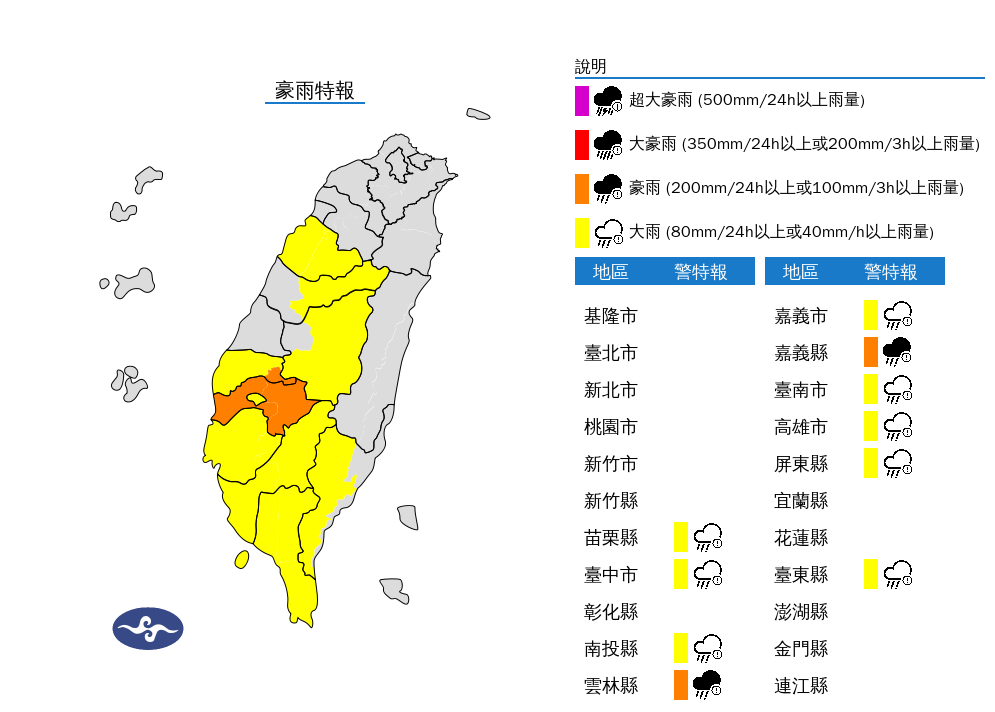 ▲▼10縣市發布豪大雨特報。（圖／氣象署提供）