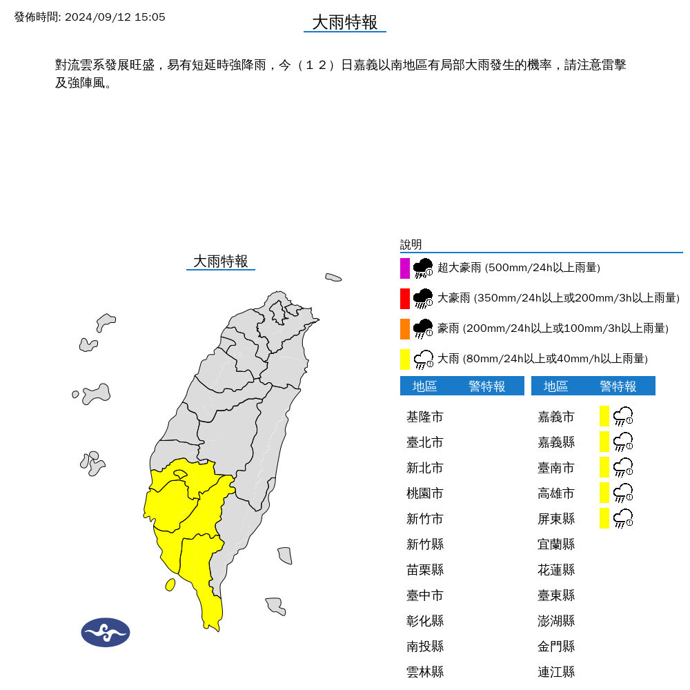 ▲▼5縣市發布大雨特報。（圖／氣象署提供）