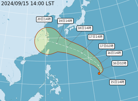 ▲▼熱帶性低氣壓TD16路徑預估。（圖／氣象署提供）