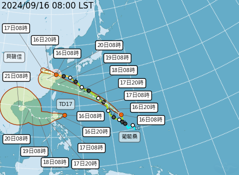 ▲▼貝碧佳、葡萄桑颱風及熱帶性低氣壓TD17路徑預測             。（圖／氣象署提供）