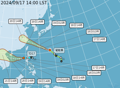 ▲▼葡萄桑颱風、熱帶性低氣壓TD17路徑預估             。（圖／氣象署提供）