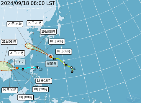 ▲▼葡萄桑颱風、熱帶性低氣壓TD17路徑預估             。（圖／氣象署提供）