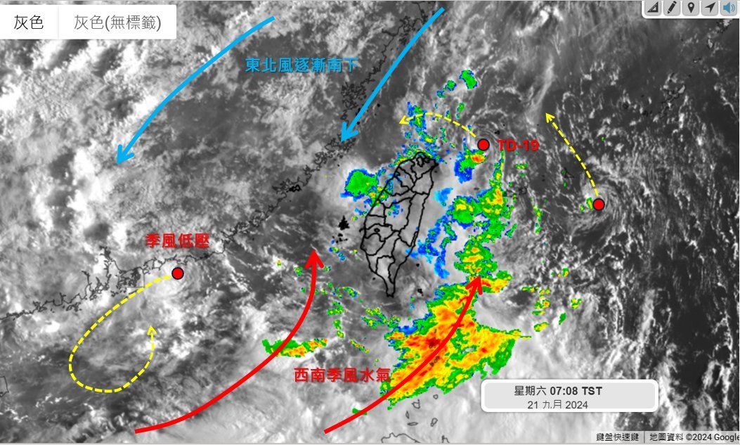 ▲▼隨西南季風強風軸水氣併入季風低壓環流，明後天降雨更顯著。（圖／天氣職人吳聖宇臉書）