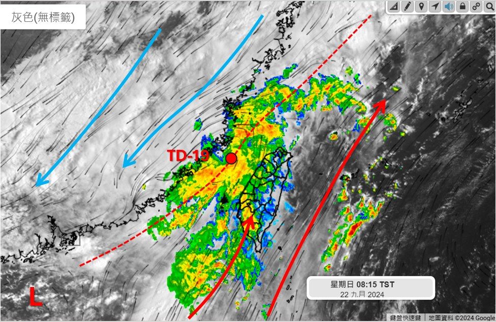 ▲▼熱帶性低氣壓TD19。（圖／翻攝天氣職人-吳聖宇臉書）