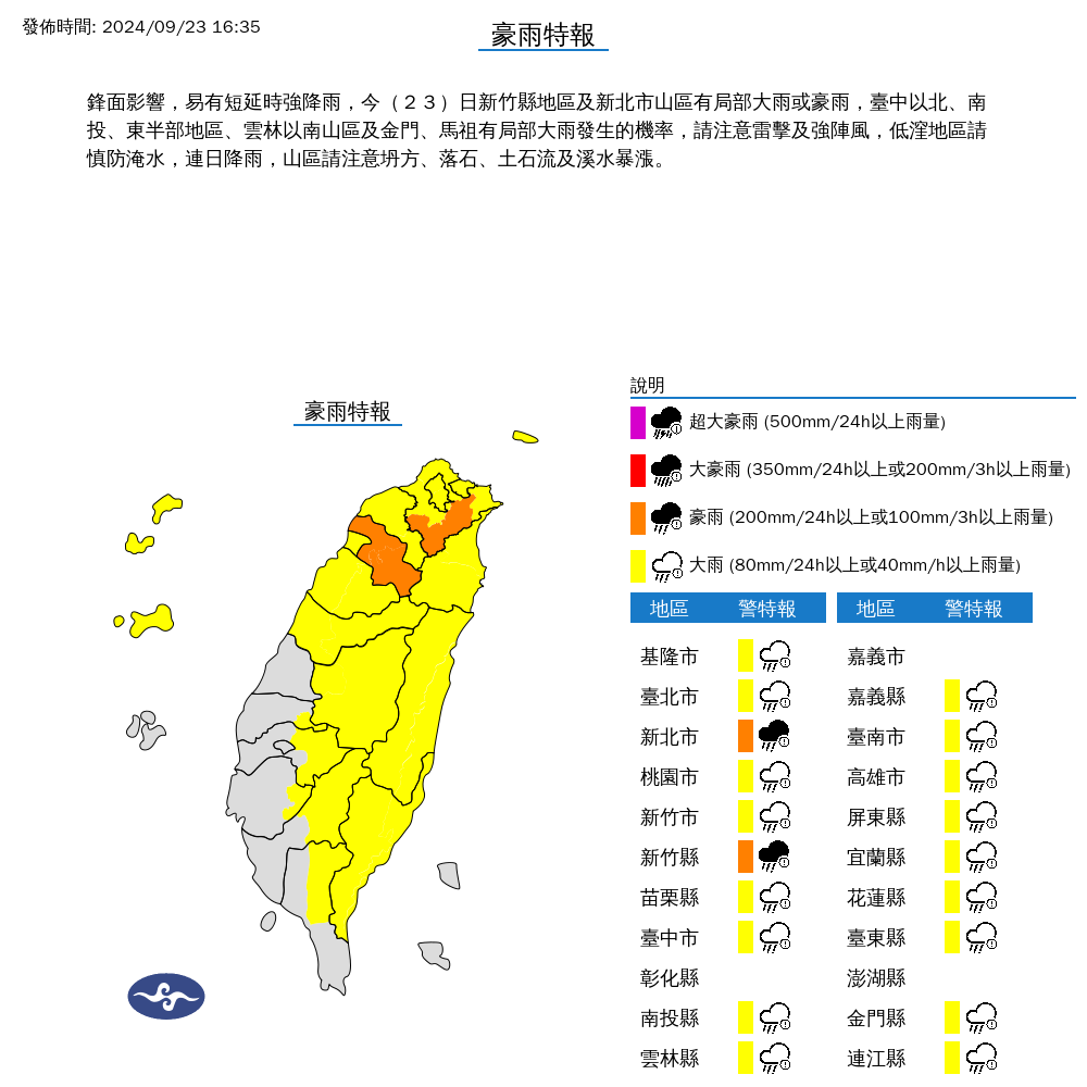 ▲▼19縣市發布豪大雨特報。（圖／氣象署提供）