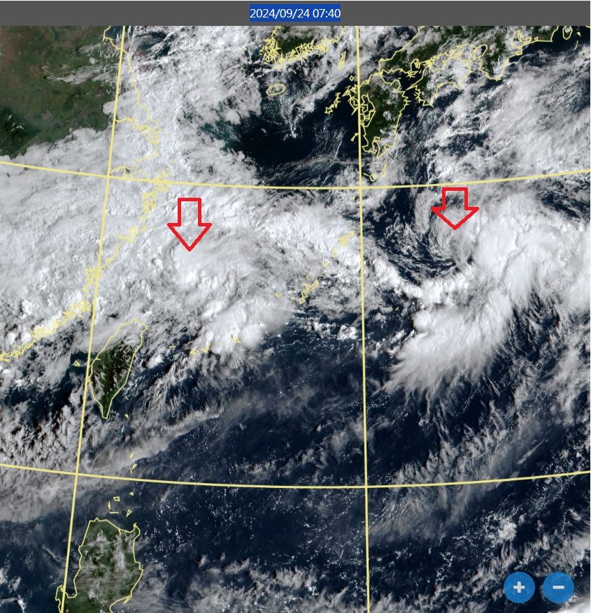 ▲▼從衛星雲圖可見洋面有2個旋轉中心。（圖／翻攝鄭明典臉書）