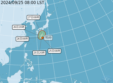 ▲▼熱帶性低氣壓TD20路徑預估。（圖／氣象署提供）