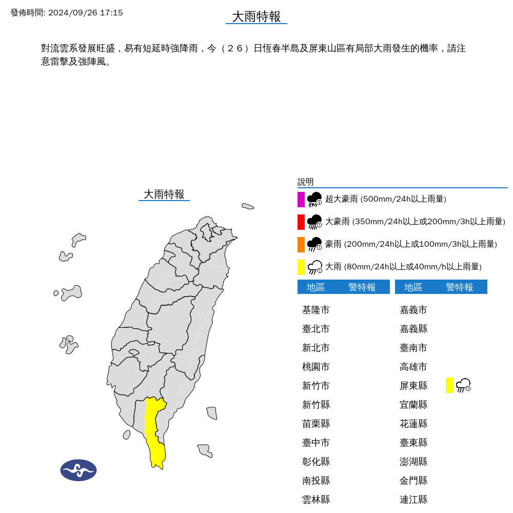 ▲▼屏東縣發布大雨特報。（圖／氣象署提供）