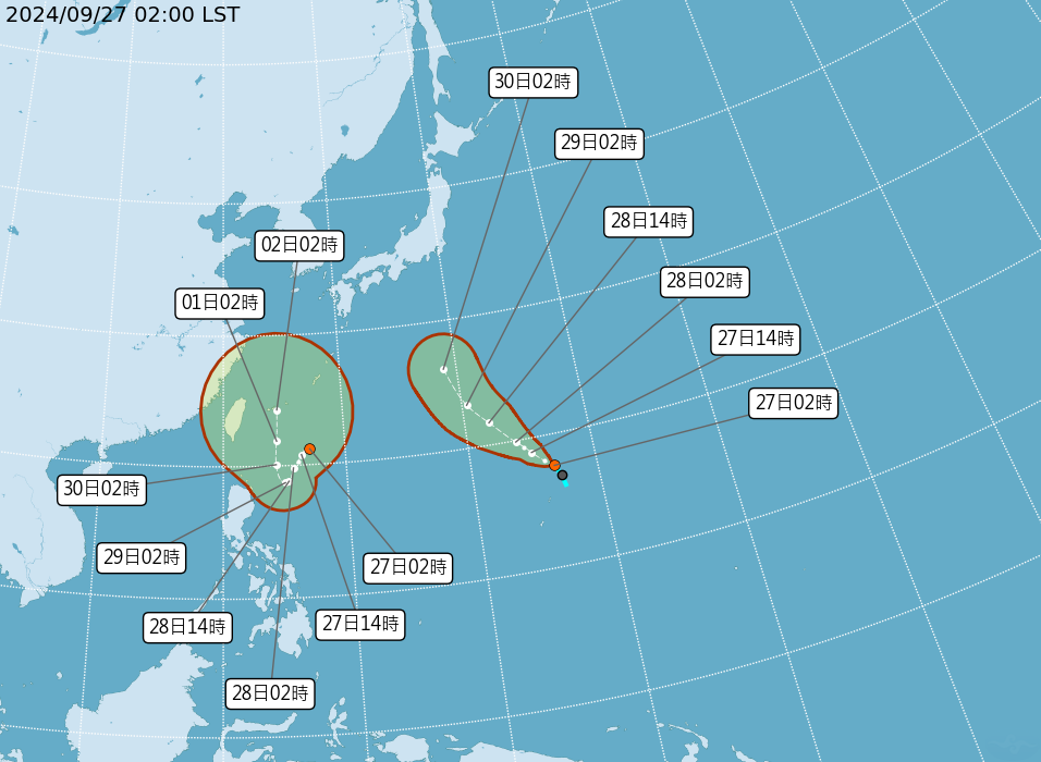 ▲▼熱帶性低氣壓TD21及TD22，未來3天內有機會依序增強為燕子颱風及山陀兒颱風。（圖／氣象署提供）