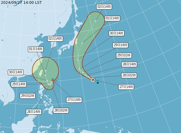 ▲▼燕子颱風今生成，對台灣沒影響，TD22熱帶低壓可能生成山陀兒颱風，暴風圈不排除觸陸。（圖／氣象署提供）