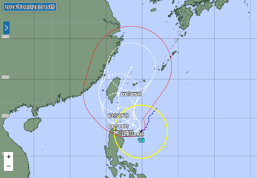 ▲▼山陀兒颱風「緊貼台灣」一路北上！　日氣象廳最新預測路徑曝。（圖／日本氣象廳）