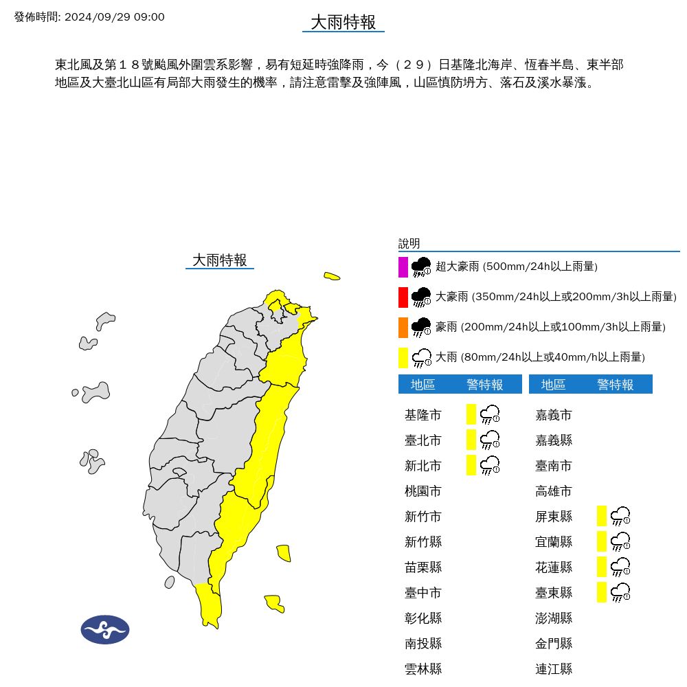 ▲▼7縣市發布大雨特報。（圖／氣象署提供）