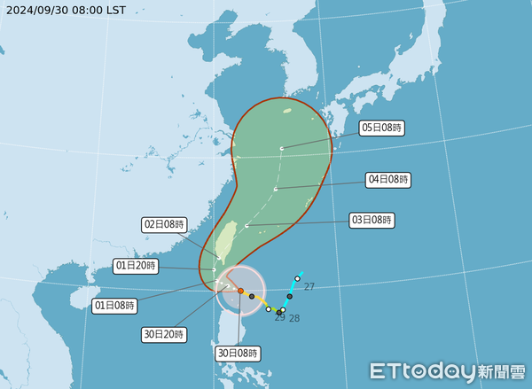 ▲▼山陀兒颱風預估明日下半天開始北轉，對南部造成威脅 。（圖／氣象署提供）