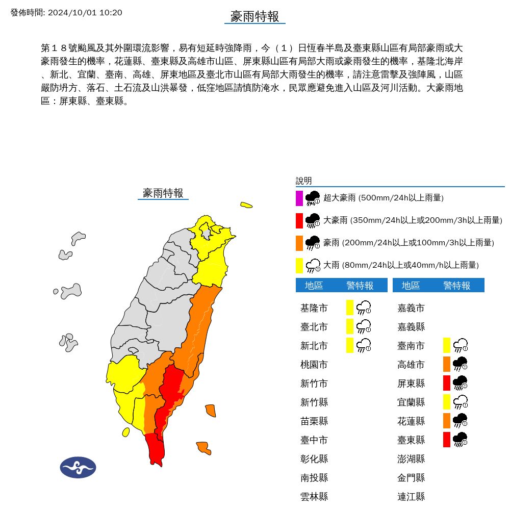 ▲▼9縣市發布豪大雨特報。（圖／氣象署提供）