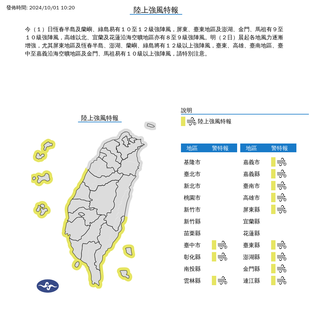 ▲▼12縣市發布陸上強風特報。（圖／氣象署提供）